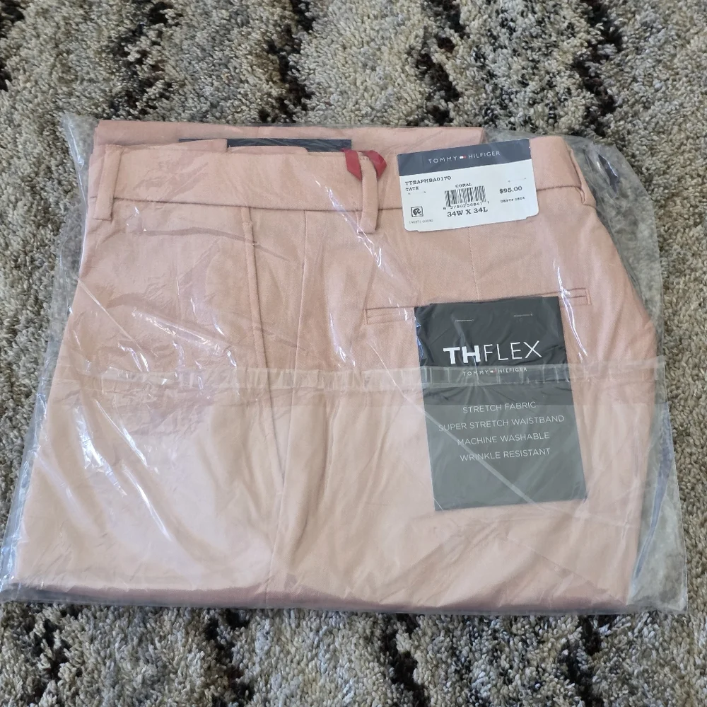 Tommy Hilfiger Mens ThFlex Dress Pants 34x34 Stretch Coral New $95 MRSP